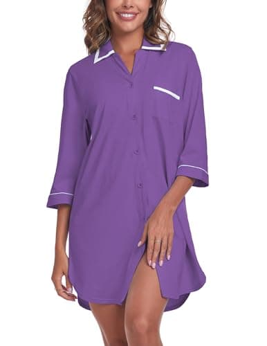 COLORFULLEAF Women 100% Cotton Nightgown 3/4 Sleeve Shirt Comfy Sleepwear