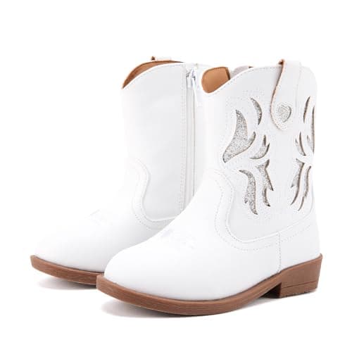 BMCiTYBM Toddler Little Girls Cowboy Cowgirl Boots Kids Pointed Toe Western Boots Mid Calf Side Zipper Riding Shoes for All Seasons White Size 6 Toddler
