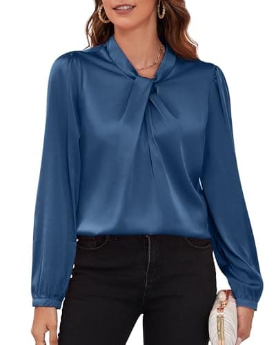 COUXILY Womens Silk Satin Shirts for Women Silky Blouses for Women Dressy Elegant Satin Long Sleeve Blouses for Women Grey Blue S