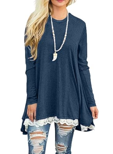 Women Crew Neck Lace Splicing Swing Dress Fall Winter Long Sleeve Tunic Top