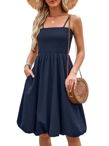 Berydress Womens Smocked Midi Dress with Pockets 2025 Spaghetti Strap Sleeveless A Line Flowy Casual Summer Beach Bubble Sun Dresses(M,6288-Navy)