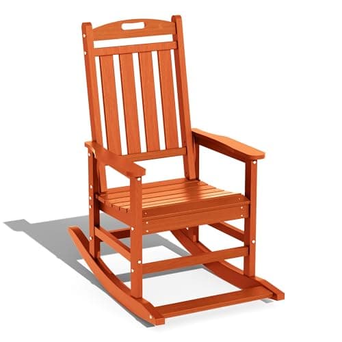 LOUNZY Outdoor Rocking Chair, HDPE Patio Rocking Chair with Footboard for Adults, All Weather Heavy Duty Front Porch Rocker, Orange