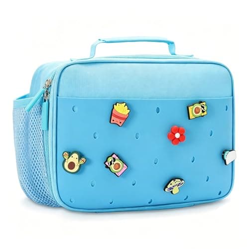 Uxeqtop Kids Insulated Lunch Bag with 10 Charms Customizable Lunch Box Reusable Lunch Tote for Boys Girls School Picnic Travel (Blue)