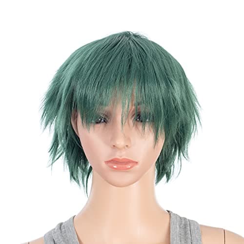 SWACC Unisex Fashion Spiky Layered Short Anime Cosplay Wig for Men and Women (Dark Green)