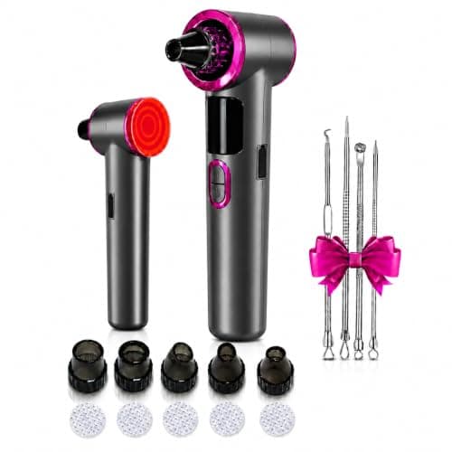 Heated Blackhead Remover Vacuum, Warm Compress Pore Vacuum Cleaner with 3 Suction Levels, LED Display, USB Rechargeable Facial Pore Cleaner Kit, 5 Heads and 4 Stainless Steel Tools (Purple)
