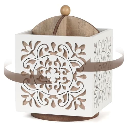 AHUONEL White Rustic Rotating Wood Utensil Holder Silverware Organizer