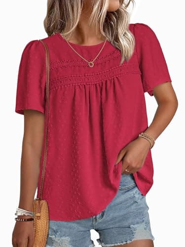 NORACORA Womens Summer Tops Crewneck Short Sleeve Shirts Casual Chiffon Boho Babydoll Blouses Flowy Lace Hem Boho Clothing Trendy 2026 Red L