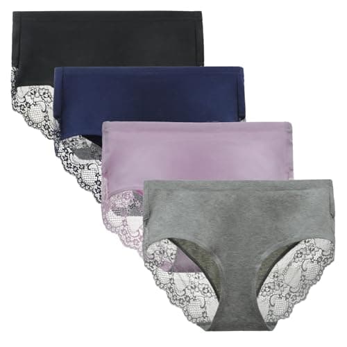 LIQQY Women's 4 Pack Combed Cotton Breathable High Rise Lace Full Coverage Brief Panty Underwear (Small, Black/Navy/Purple/Grey)