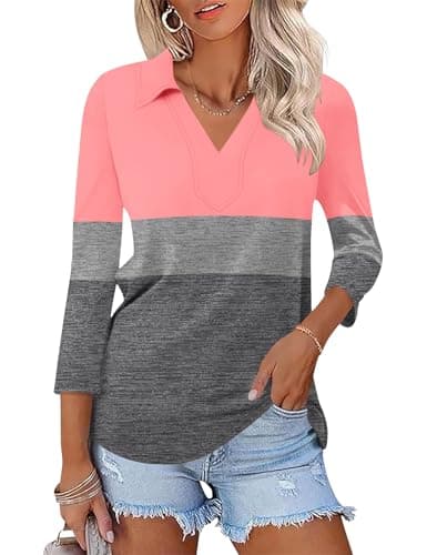 LOMON Ladies Collared Polo Shirts Summer 3/4 Length Sleeve Polos Tops V Neck Casual Work Tees Shirt Light Pink-Grey S