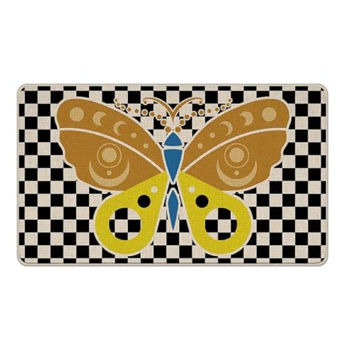 Livcoz Vintage Butterfly Welcome Front Door Mat, Retro Checkered Moon Phase