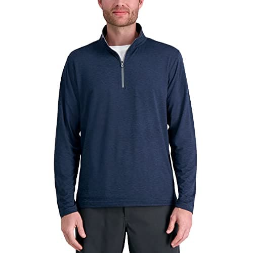 Haggar Mens Tech Jersey Stretch Quarter Zip Shirt, Heather Navy, Small US