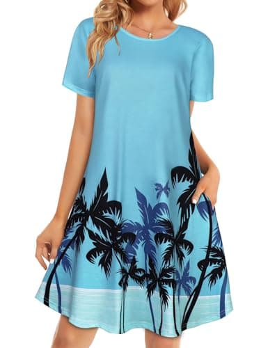 elescat Women Summer Dresses Casual Short Sleeve Pockets T Shirt Scoop Neck Loose Fit Flowy Sundress (Light Blue Trees, S)