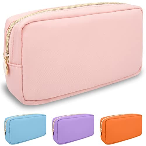 Nylon Small Makeup Bag for Purse, Cute Preppy Pink Makeup Bag Cosmetic Zipper Pouch Purse, Waterproof Portable Travel Toiletry Bag Clutch Makeup Brush Bag Organizer Storage for Women Men Girls(Pink)