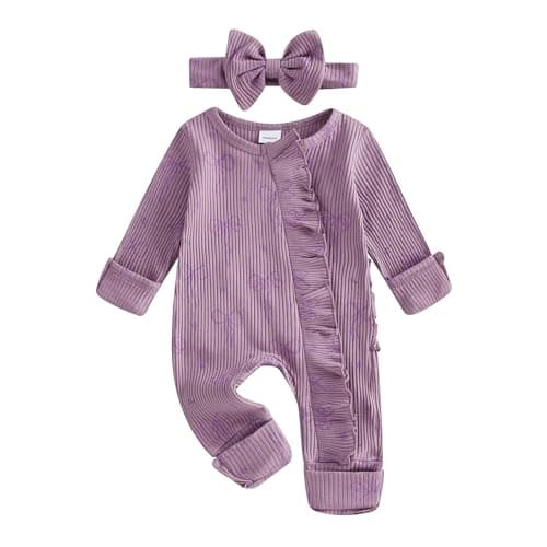 allshope Newborn Baby Girl Fall Outfit Bow Print Long Sleeve Full Length Zipper Front Ribbed Jumpsuit Infant Clothes (Color Purple, Newborn)