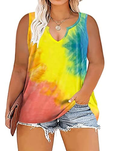 Women's Plus Size Tops XL Tank V-Neck Sleeveless Loose Fit Color Block Tee YH006