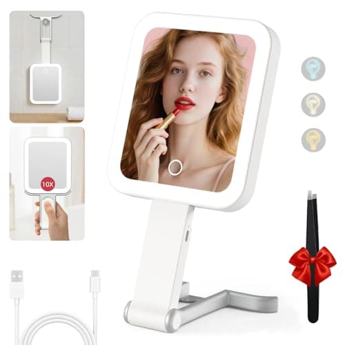 Travel Makeup Mirror with Lights, Double Sided 10X/1X Magnifying Mirror, 3 Color Lighting, Dimmable Touch Screen, 1500mAh Rechargeable, 3 in 1 Mirror Desktop Handhold Hanging (Ivory White, 10.3"x5.2")