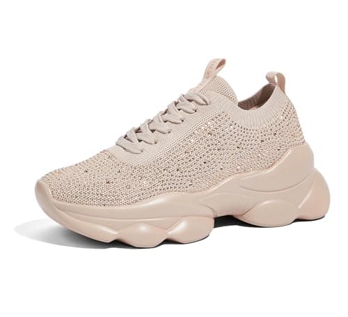 LUCKY STEP Women's Chunky Rhinestone Sneaker Sparkly Bling Bedazzled Mesh Slip on Elastic Sock Glitter Shiny Rave Walking Shoes(Nude Rhinestone,6 B(M) US)