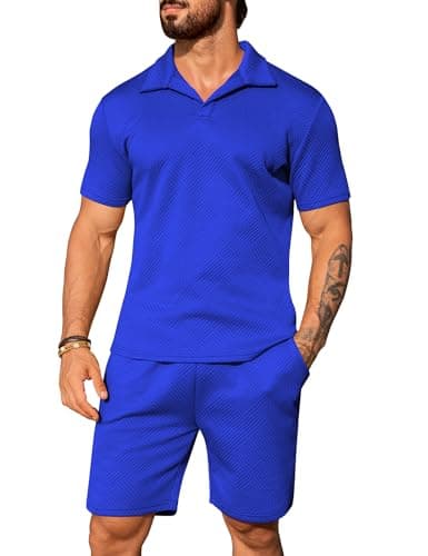 URRU Mens Short Sets 2 Piece Outfits Casual Set Short Sleeve for Men Fashion Summer Tracksuits Blue M