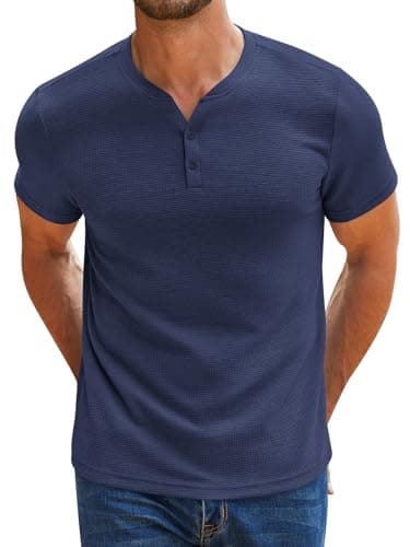 RQP Men's Henley Shirts Short Sleeve Waffle Stretch T Shirts Summer Casual Stylish Tops, Navy Blue S