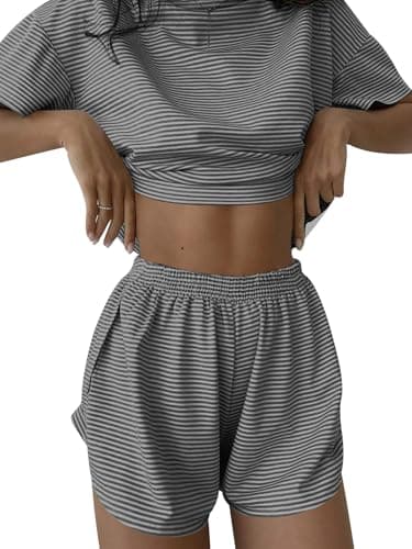 Kistore Womens Pajama Set Summer Two Piece Split Shorts Cute Soft Comfy Wear Ladies Pajamas Sets Gray Black striped X-Large