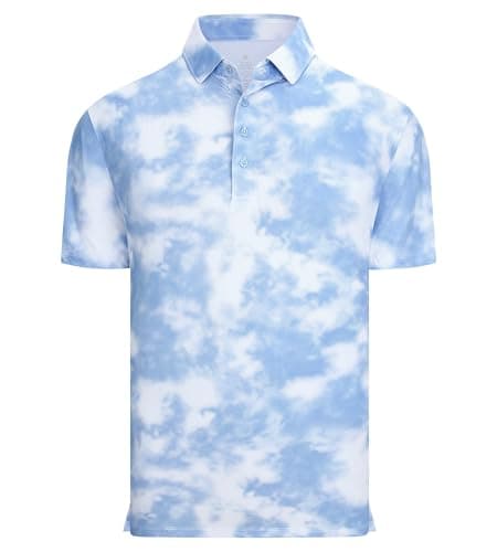 Mens Golf Shirts Short Sleeve Breeze Print Polo Shirt，BlueWhiteCloud，L