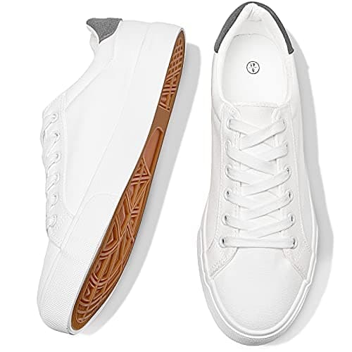 FRACORA Mens Canvas Shoes White Black Sneakers Low Top Lace Up Casual Shoe(Milk White, US7)