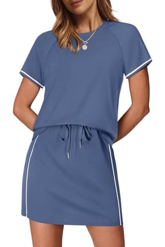 Sampeel Athletic Sets for Women 2 Piece Skirt Sets Travel Outfits Mathching Sets Womens Clothing Summer Lounge Set Sweatsuits Women Blue 2XL