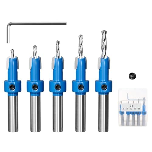 Fivelake 5Pcs Countersink Drill Bit Set - Ø 8mm Round Shank HSS Multi-size Countersink Drill Set, a L-shaped Wrench & a Hex Screw Included, Ideal Drilling Tools for Woodworking (2.8 3.0 3.2 3.5 4.0mm)