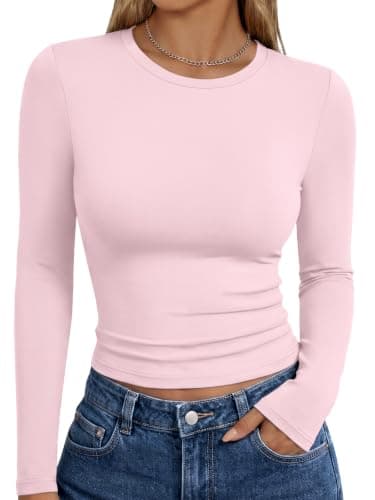 Trendy Queen Womens Long Sleeve T Shirts Fall Basic Tops Pink XS