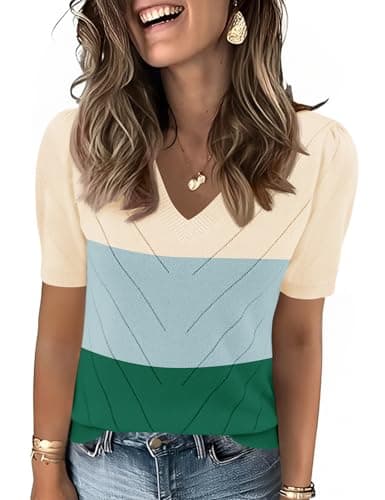 LOMON Summer Sweaters for Women Lightweight Knit Tops Dressy V Neck Work Blouses Casual Puff Sleeve Fashion Clothes 2026 (Apricot Green Block,L)