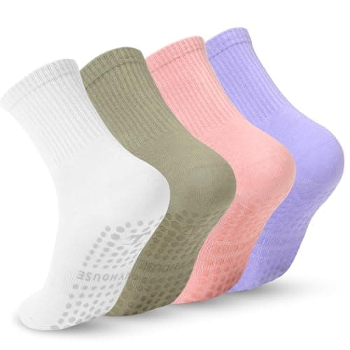 Ivyhouse Pilates Grippy Socks with Grips on Bottom for Women Elderly, Yoga Non Slip Long Socks for Pure Barre Ballet Dance Workout, 4 Packs, White, Green, Pink, Purple