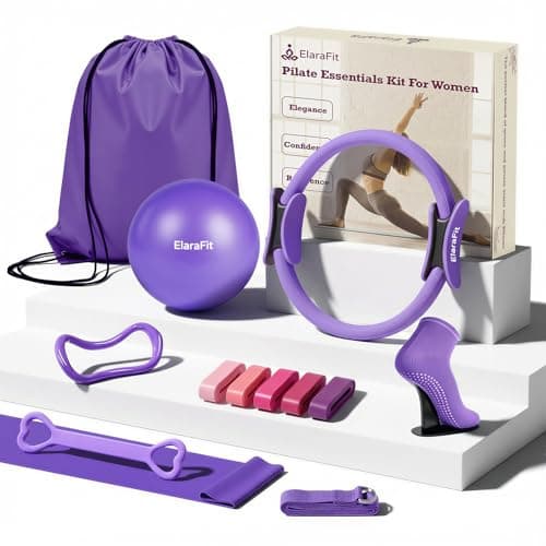ElaraFit Home Pilates Ring and Ball Set for Women with 5 Resistance Bands 13 inch Magic Circle Workout Starter Kit for Beginners Full Body Toning 15 Min Daily Routine,Purple Mix