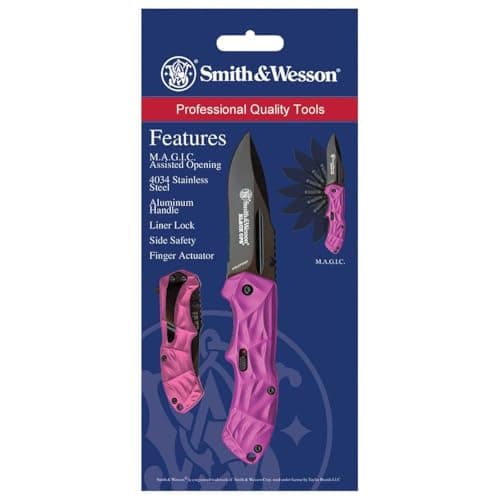 Smith & Wesson Black Ops SWBLOP3SMP Pink 5.8in S.S. Assisted Opening Knife with 2.5in Drop Point Blade and Aluminum Handle for Tactical, Survival and EDC