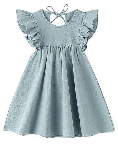 JNKLWPJS Toddler Baby Girl Cotton Linen Ruffle Halter Sleeveless Kids Casual Beach Party Dresses Blue Green 120CM