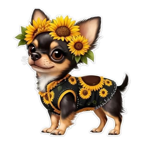 2-Pack 4.72"x5.12" 2D Flat Car Decals- an Adorable Chihuahua Adorned with Sunflower Designs - Ideal for Vehicles, Motorcycles, Laptops, Wall and More, Home Decoration Decal |#AZ420