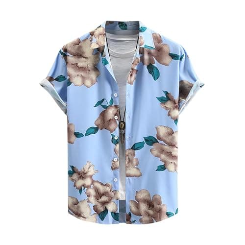 ZAFUL Men Hawaiian Shirts Tropical Floral Wrinkle Free Short Sleeves Button Down Summer Beach Vacation Shirt A-Light Blue