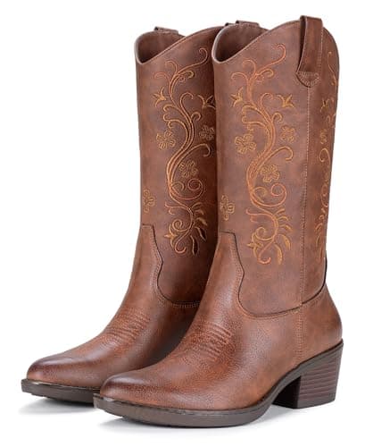 Vepose Women's Brown Cowboy Boots Mid Calf, Floral Embroidered Western Cowgirl, Pointed Toe Low Chunky Heel Pull On, Botas Vaqueras, Walk Country Concert Dance Size 7, (CJY9802 brown 07)
