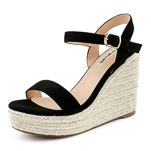 JOY IN LOVE Womens Espadrilles Wedge Sandals Platform Heels Ankle Strap Open Toe Buckle Sandals 4070 Black US9.5