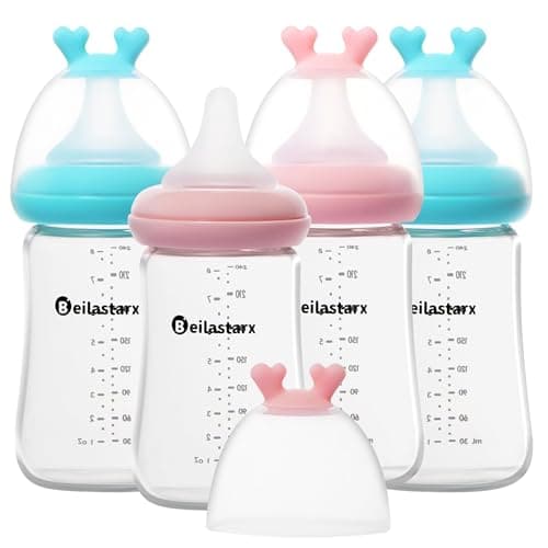 Beilastarx Glass Baby Bottles with Natural Response Nipple Size M - Anti Colic Baby Bottles Wide Neck Slow Flow Baby Bottle(Multicolor, 8oz (Pack of 4))
