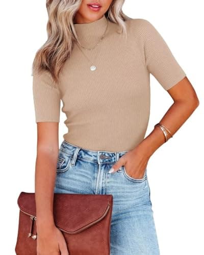 Lacozy Basic Tees for Women Fall Mockneck Pullover Sweater Fitting Basic Turtleneck Sweater Tops Light Brown Size L