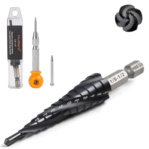 MulWark M35 Cobalt Step Drill Bit Set with Center Punch, TiAlN Coated Unibit((1/8"-1/2")), 4 Spiral Flute Hex Shank for Stainless Steel, Metal, Wood, Plastic