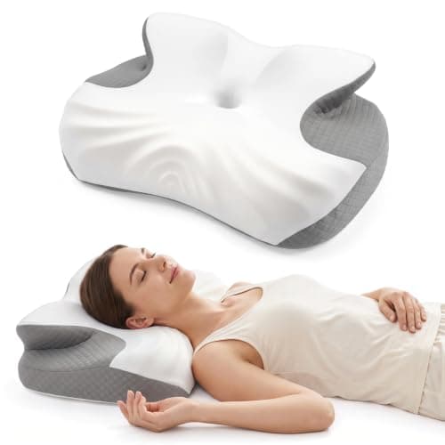 JKNJKN Low Profile Cervical Pillow for Neck Pain Relief, Orthopedic Memory Foam Pillow with Dual Height 4.3" & 5.1" Loft, Cooling Butterfly Contour with Arm Rest for Side and Back Sleepers