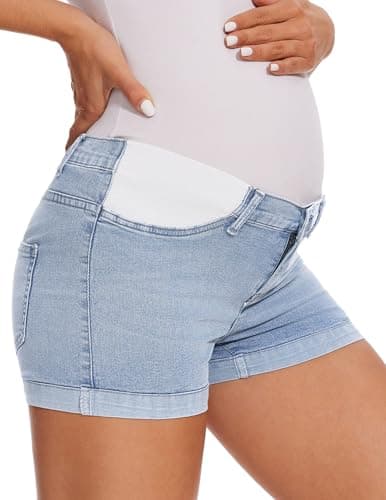 fitglam Women's Maternity Jean Shorts Under Belly Maternity Lounge Denim Shorts Pregnancy Comfy Clothes with Elastic Panel, Medium, Light Blue