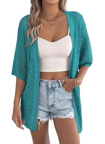 EVALESS Women's Crochet Cardigan Sweaters Short Sleeve Open Front Knit Kimonos Boho Cardigans Lightweight Hollow Out Plus Size Tops 2026 Fall Trendy Work Casual Blue XX-Large