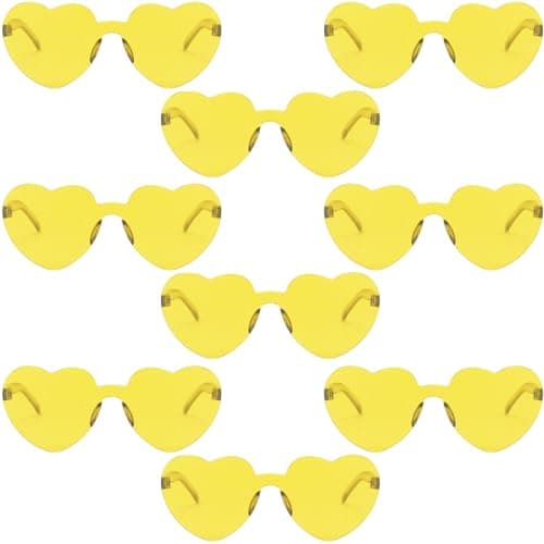 PUSABAOWO 9 Pack Heart Shaped Sunglasses Rimless Heart Glasses for Bachelorette Party Birthday Decorations Party Favors (Yellow)