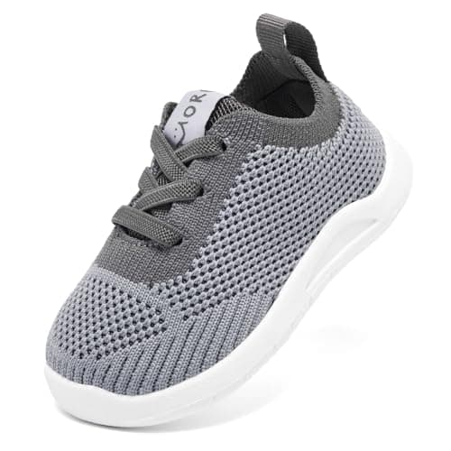 MORENDL Toddler Shoes Baby Walking Sock Shoes Infant Sneakers Boy Girl Barefoot Tennis Shoe Non-Slip Brethable Dark Grey 15-18 Months