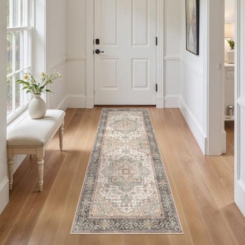 EIEIHOUSE Washable 2x6 Runner Rug - Area Rugs Neutral Vintage Distressed Floral Farmhouse Boho Large Soft Floor Rug Indoor Carpet for Hallway Entryway Bedroom Kitchen - Forest Green Orange