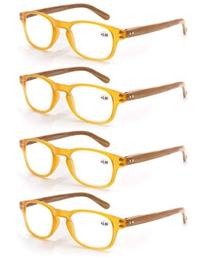 MODFANS 4 Pack Reading Glasses 2.75 Fashion Wood-Look Spring Hinges Stylish Readers Men Women Yellow