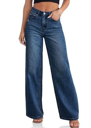 Cicy Bell Womens Wide Leg Jeans High Waisted Boyfriend Loose Baggy Denim Pants with Pockets Navy