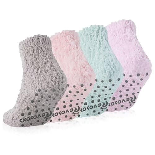 Revosoxs Fuzzy Grip Socks for Women Men,Thick Warm Slipper Cozy Fluffy Non Slip Ankle Hospital socks With Grips(Pink+Grey+Green+Purple)